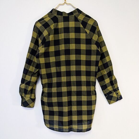 Zoe D Olive Green & Black Gingham Oversized Drawstring Waist Button Down Shirt - Picture 5 of 5